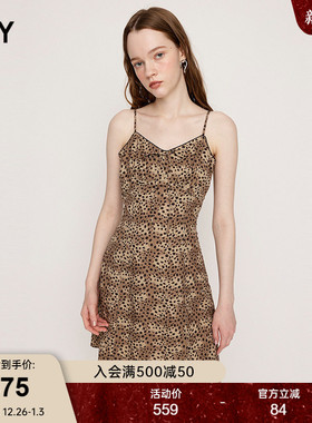 SLY2025夏季新品复古豹纹腰部镂空修身吊带连衣裙女030ISR33-3281