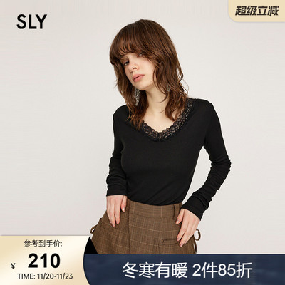 SLY 春季优雅气质V领蕾丝修身针织衫小上衣030HAZ80-5781