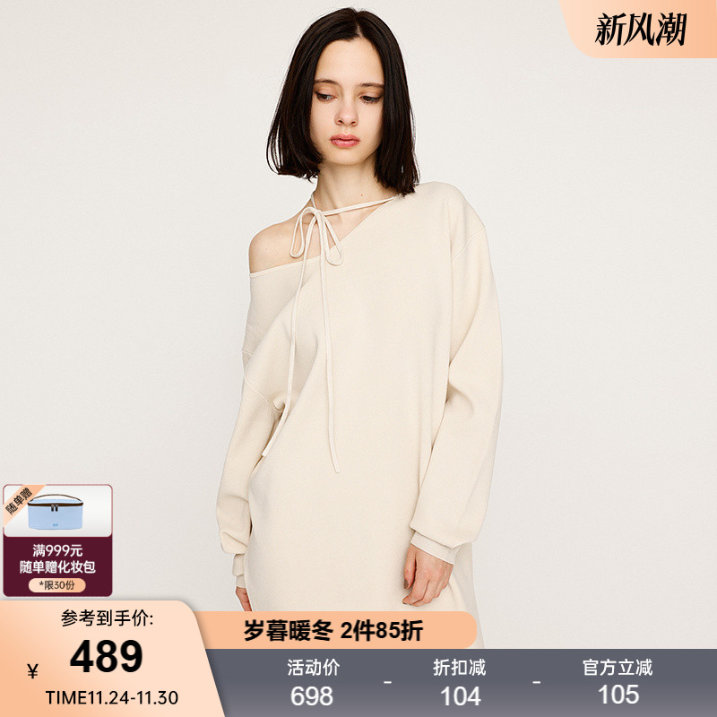 SLY2025秋季新品慵懒oversize系带领罗纹针织连衣裙030IAR73-1331