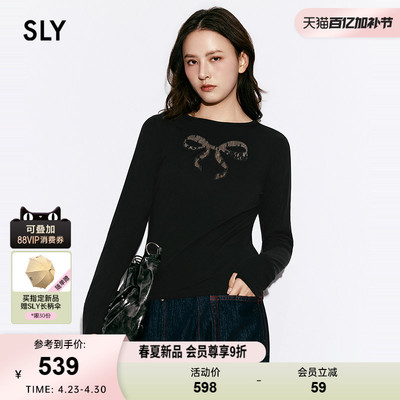 SLY 2026春季新品甜美风蝴蝶结印花修身长袖T恤女038JSZ80-1004