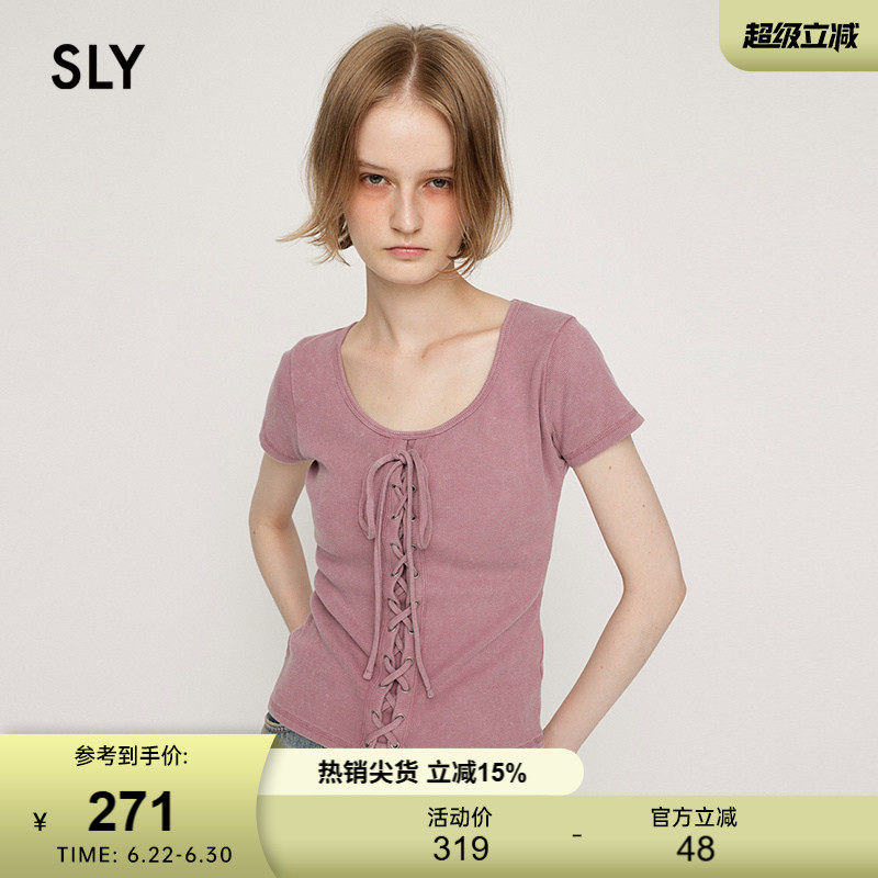 SLY 夏季新品甜美系带圆领修身舒适短袖上衣030ISR80-4551