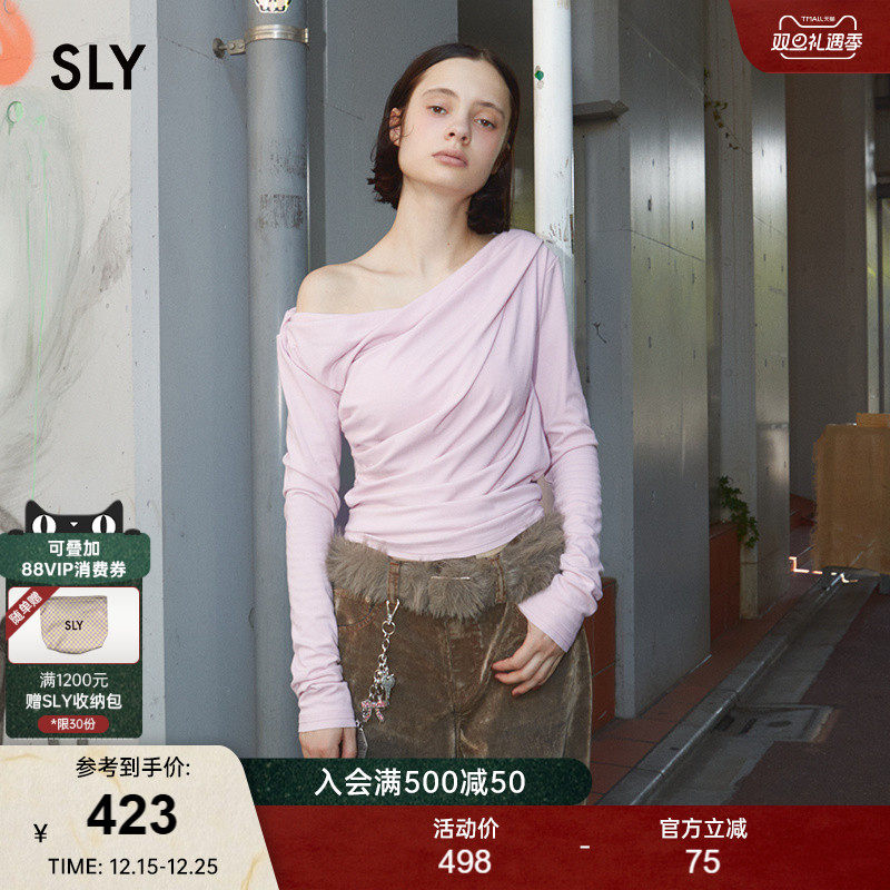 SLY2025秋季新品优雅知性风纯色斜肩长袖荡领针织衫030IAR80-2151
