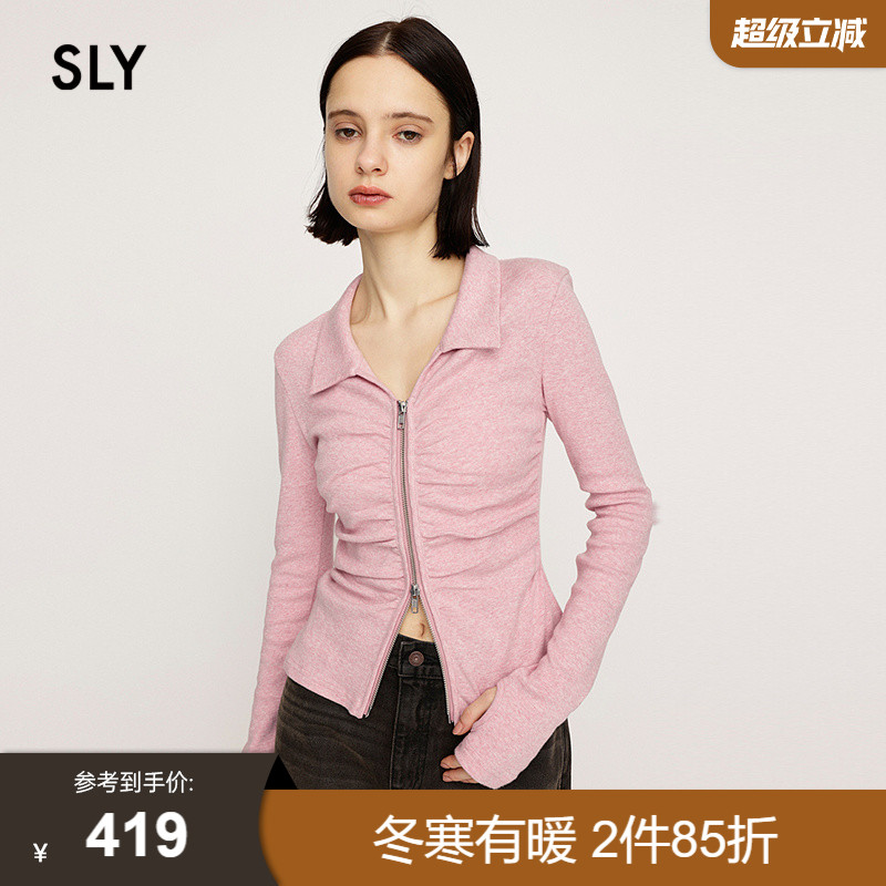 SLY2025秋季新品通勤风双头拉链褶皱修身长袖针织衫030IAR80-2161
