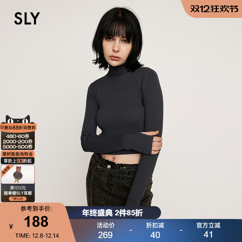 SLY 春季高领修身简约短款针织衫小上衣女030HAR70-3641
