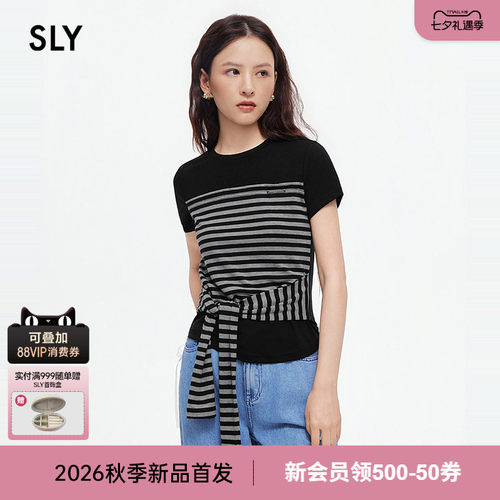SLY 2026夏季新品美式复古撞色条纹拼接绑带短袖T恤038JSA80-1008