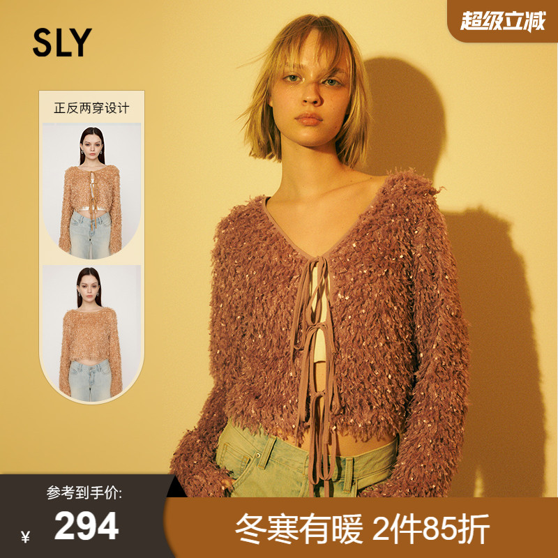 SLY 2024冬季新品富家小千金风细闪V领针织开衫女030HAM80-5301