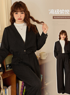 韩系气质通勤感西装外套胖mm大码修身显瘦阔腿裤子套装63702