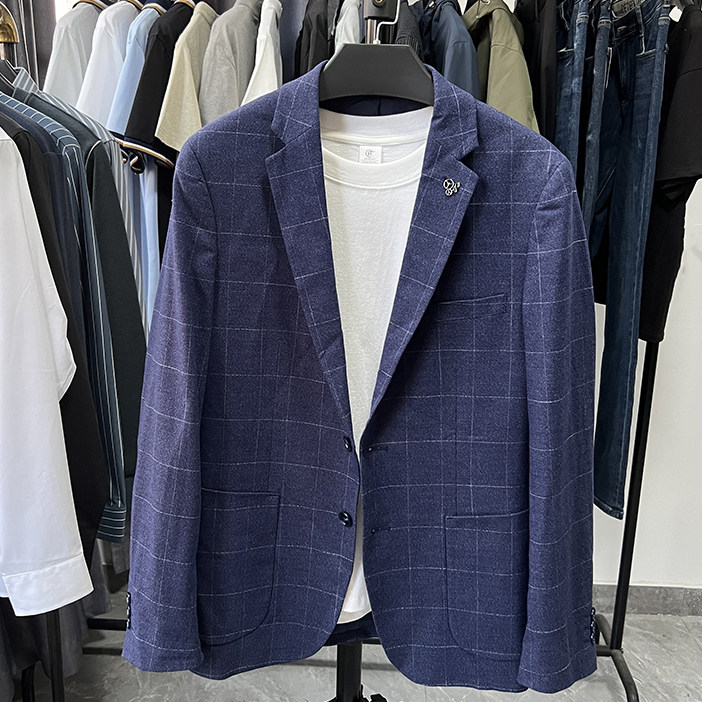 【H家正品】商场撤柜剪标格子西服男士秋款英伦风加厚修身小西装