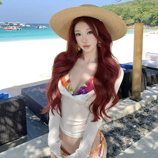 欧美热辣度假风绝美印花分体比基尼长袖罩衫三件套性感温泉泳衣女
