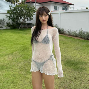 欧美海边度假辣妹性感防晒长袖罩衫分体比基尼套装长裤长袖泳衣女