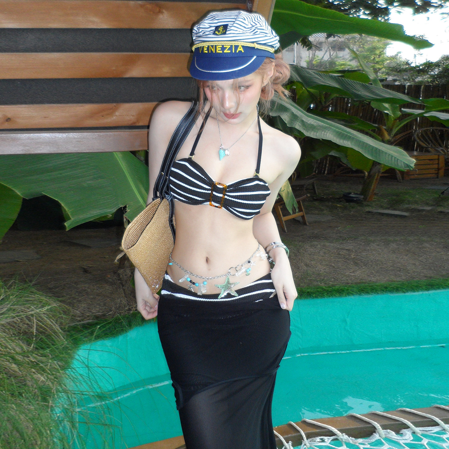 新款泳装黑白条纹抹胸比基尼bikini长裙连衣裙性感度假温泉泳衣女