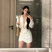 网红辣妹性感白分体比基尼罩衫 防晒三件套遮肚温泉度假泳衣女 长袖