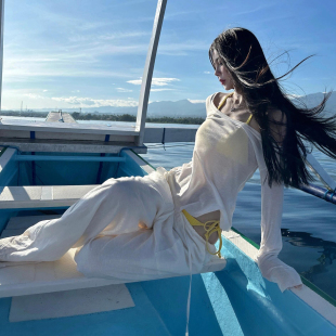 新款泳装白色长袖防晒罩衫黄色比基尼休闲宽松长裤套装度假泳衣女