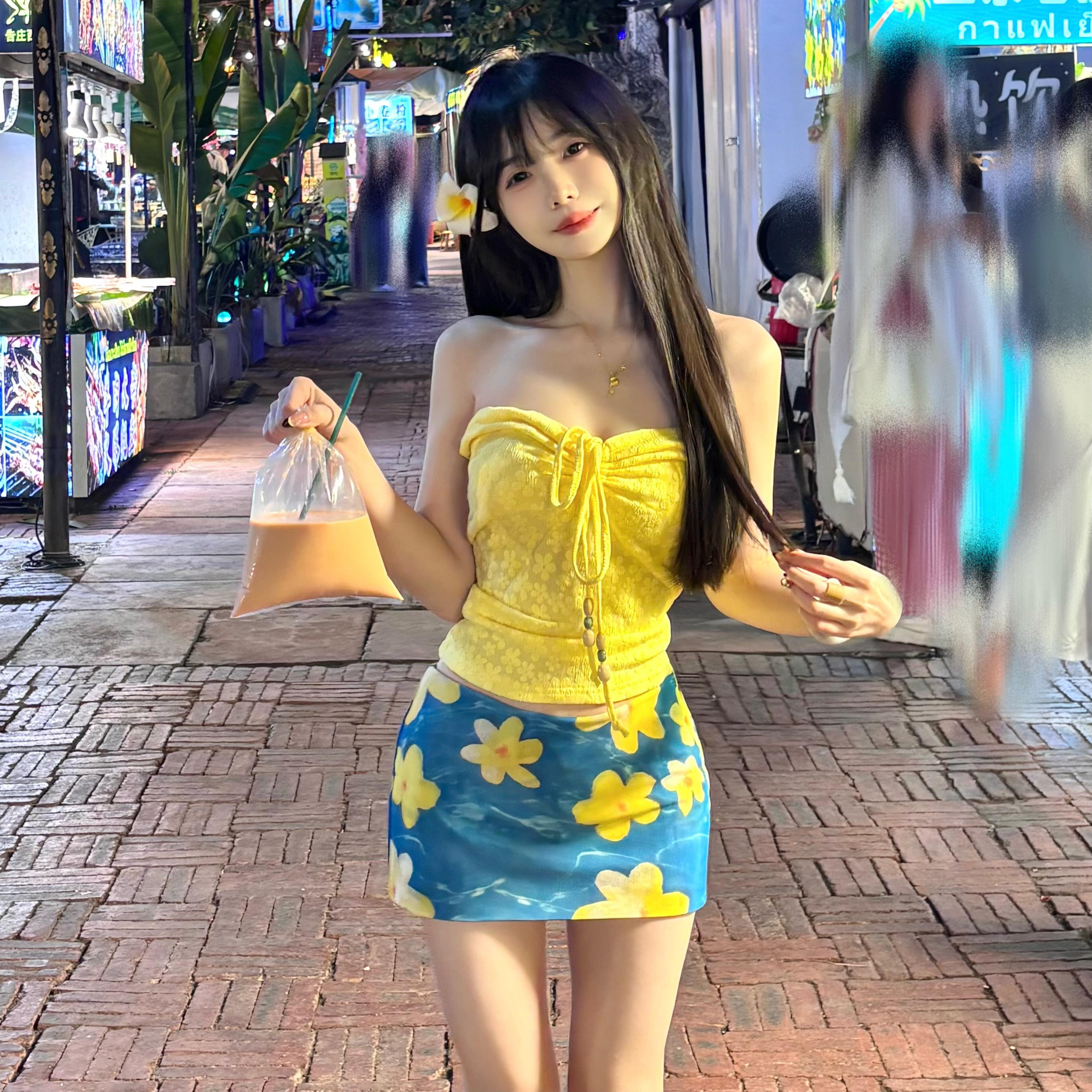 多巴胺挂脖绑带抹胸背心比基尼套装短裙长裤海边度假温泉泳衣女夏