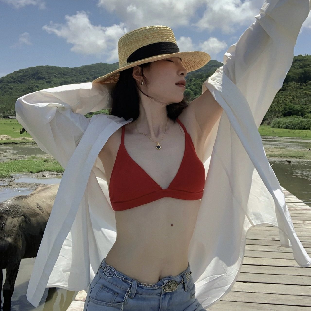 复古辣妹红色分体比基尼三点两件套性感小胸聚拢泡温泉度假泳衣女