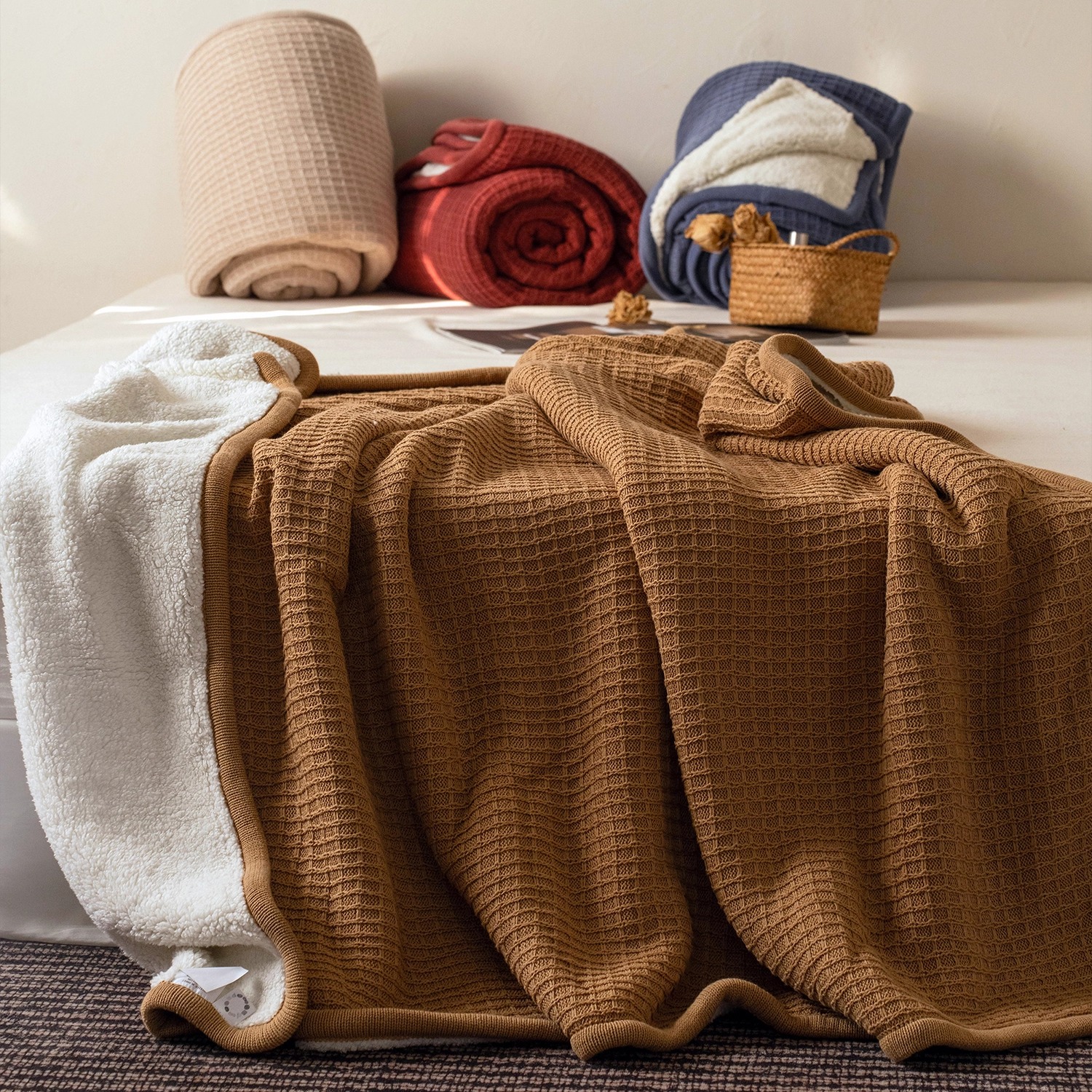 Zijpe~新款保暖加厚秋冬双面华夫格纯棉羊羔绒毯毛毯绒毯家用毯子