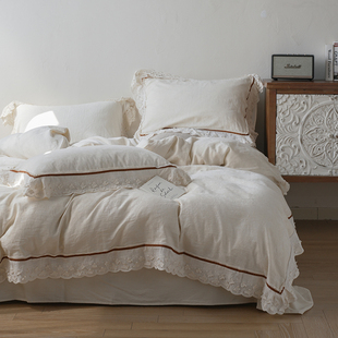 Zijpe~中古南法风蝴蝶花边纯棉全棉床单被套亚麻棉麻四件套床笠式