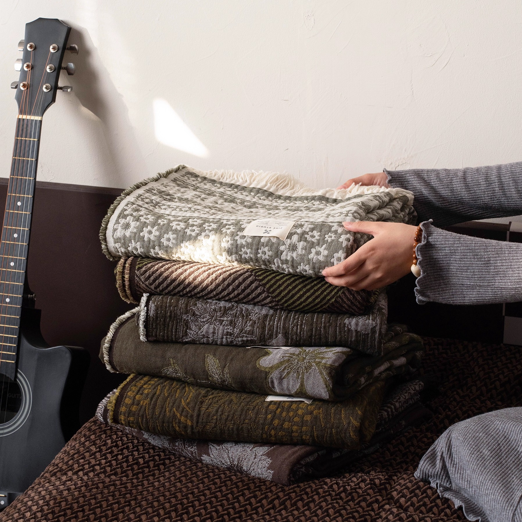 Zijpe~复古全棉色织提花毯子午睡休闲毯保暖披肩毯纯棉沙发毯床品