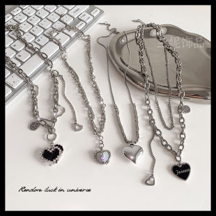 辣妹爱心皓石网红项链女ins风潮小众设计双层叠戴爱心嘻哈锁骨链