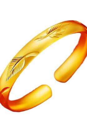 新款高仿镀金镀银开口磨砂树叶手镯高级简约手镯百搭时尚