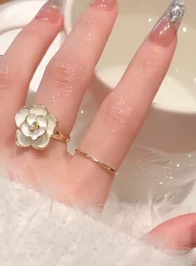 白色山茶花开口戒指女小众设计高级感珍珠食指戒指女时尚个性尾戒