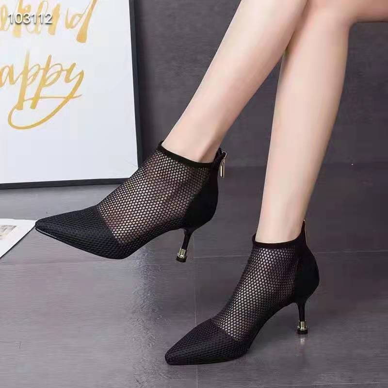 Leather small cool boots womens spring 2020 new womens medium heel high-heeled bare boots Roman boots thin heel pointed mesh shoes