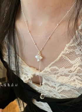 银色鸢尾花水晶流苏锁骨链