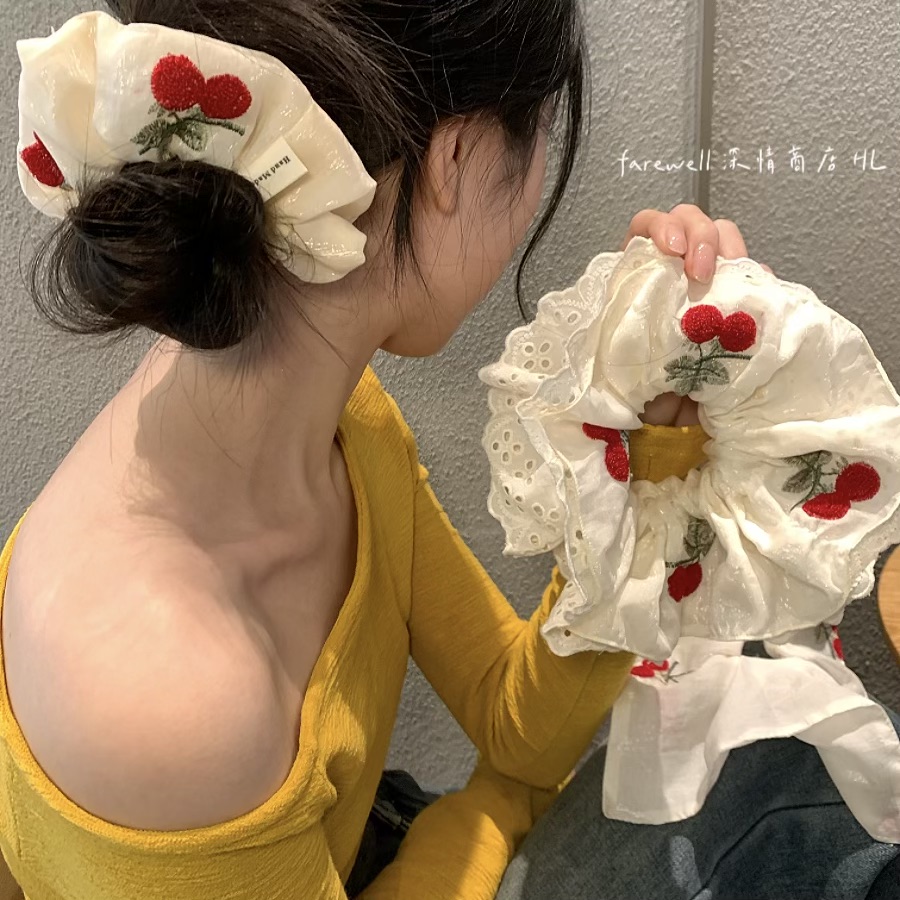 新款甜美刺绣樱桃蕾丝大肠发圈女高级感头绳方巾发绳丸子头花发绳