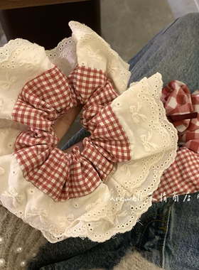 中式复古红色格子双层花边蝴蝶结大号大肠发圈时尚氛围感新款发饰