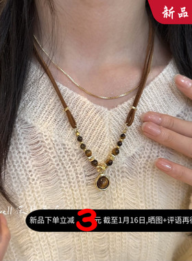 美拉德虎眼石双层皮绳锁骨链