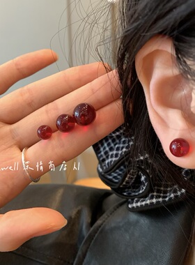 红色圆珠透明耳钉女甜美少女风简约耳环气质高级感糖果色红色耳饰