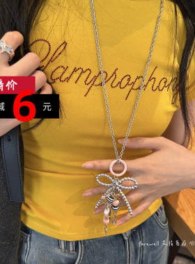 钛钢链条ins时尚百搭锁骨链甜酷粉色卫衣链多元素蝴蝶结吊坠项链