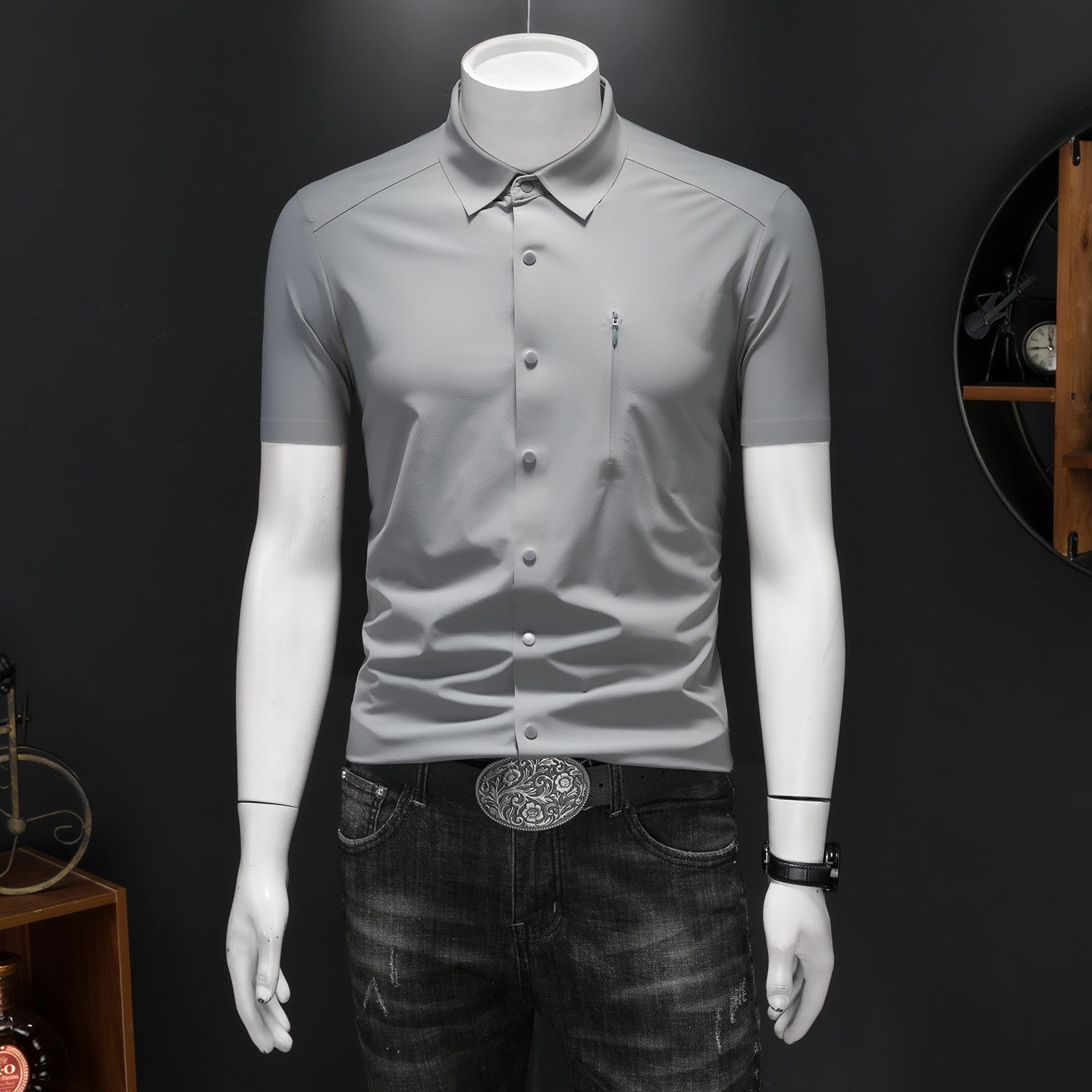 26夏季冰丝衬衫多色新款纯色商务无痕修身衬衫短袖2615-P78，男装Polo衫，钱塘7038(原5007）