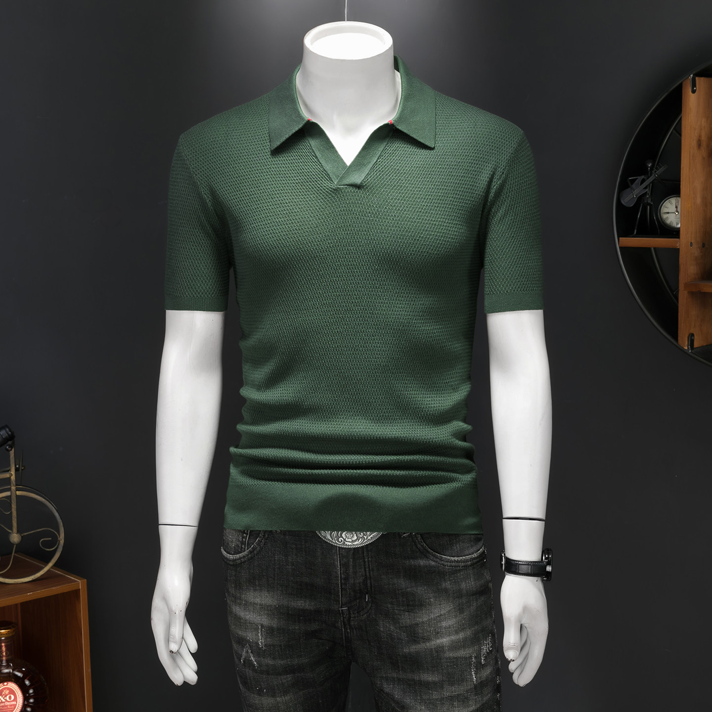 钱塘大厦夏新款薄莱赛尔％毛衣短袖男针织提花26159/p110，男装Polo衫，钱塘7038(原5007）