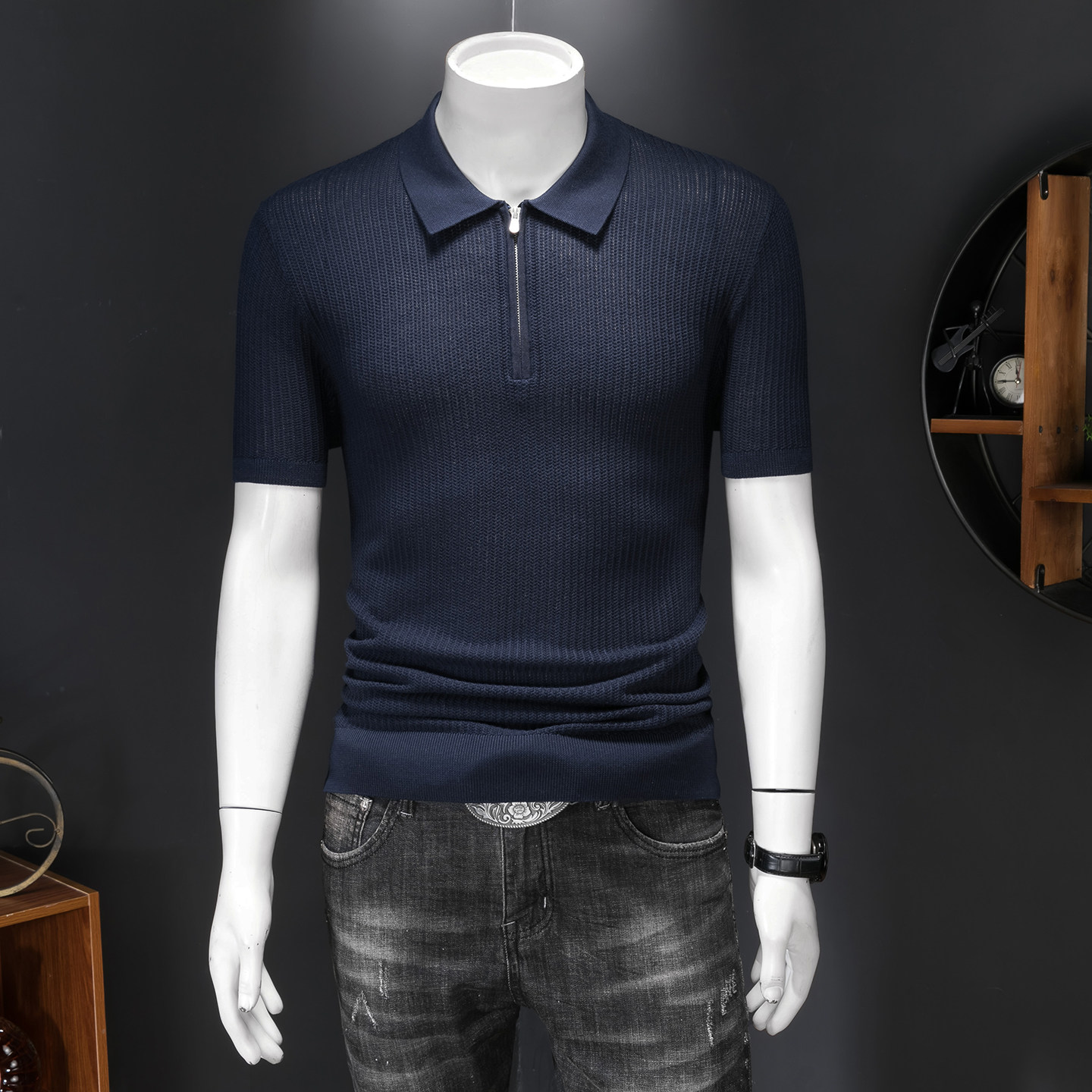 钱塘大厦夏新款薄莱赛尔％毛衣短袖男针织提花26160/p105，男装Polo衫，钱塘7038(原5007）