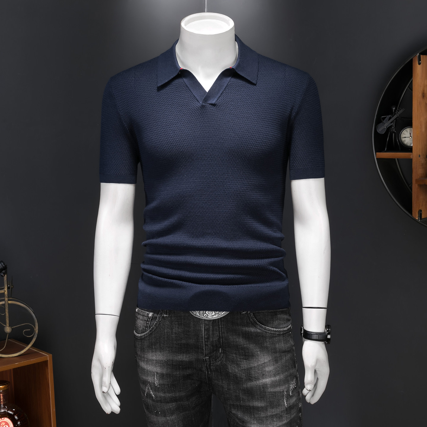 钱塘大厦夏新款薄莱赛尔％毛衣短袖男针织提花26159/p110，男装Polo衫，钱塘7038(原5007）