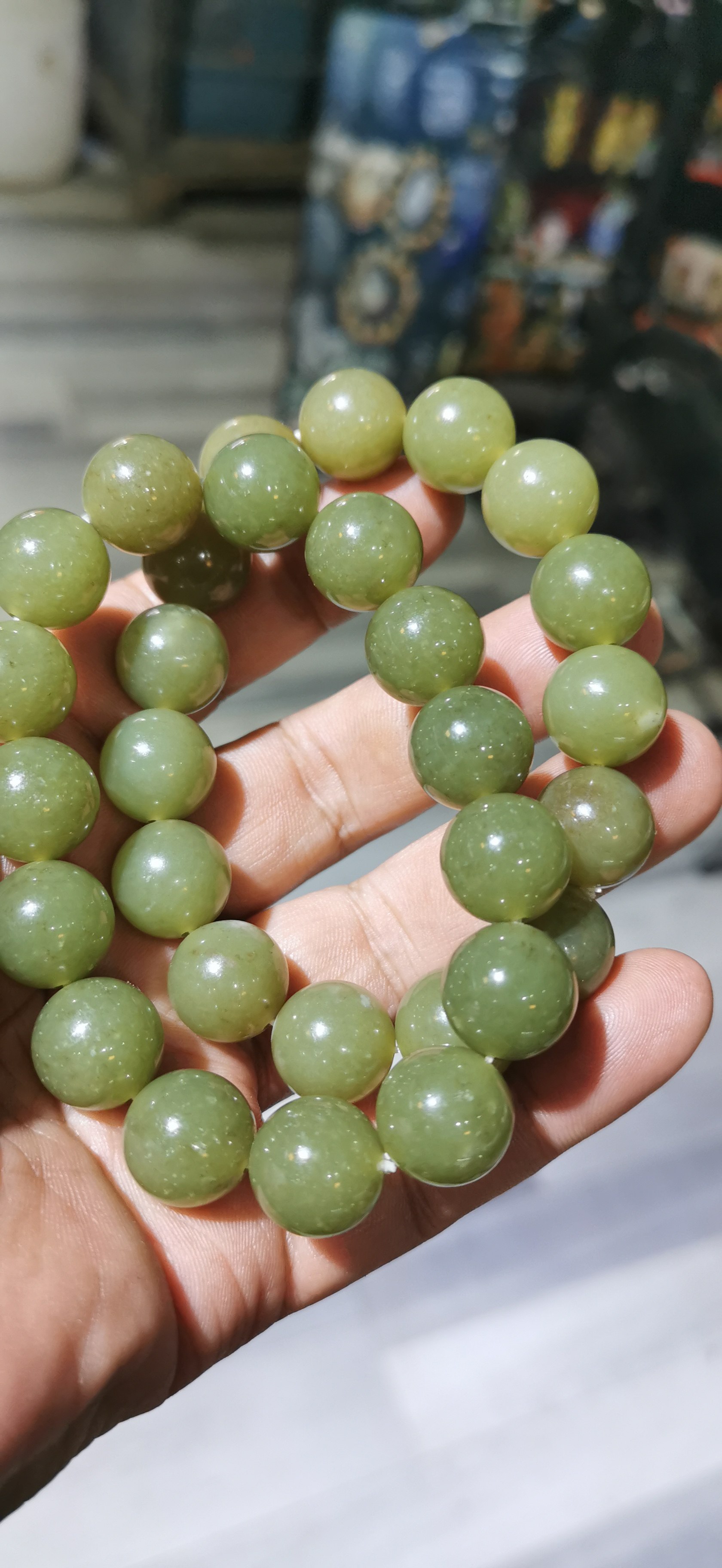 和田玉若羌青黄口料14毫米圆珠手串 上手出油 带糖色识货的来