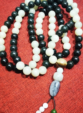 新疆和田玉塔青配黄口料10毫米项链 108颗珠子长度一米多大串