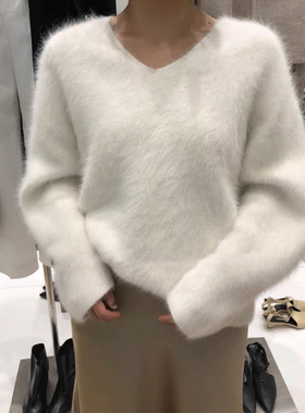 韩版秋冬超软慵懒v领套头水貂绒毛衣女宽松显瘦白色外穿针织罩衫