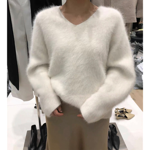 韩版秋冬超软慵懒v领套头水貂绒毛衣女宽松显瘦白色外穿针织罩衫