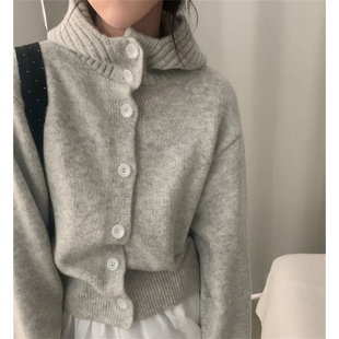 韩版chic复古经典单排扣连帽针织开衫女宽松休闲短款灰色毛衣外套