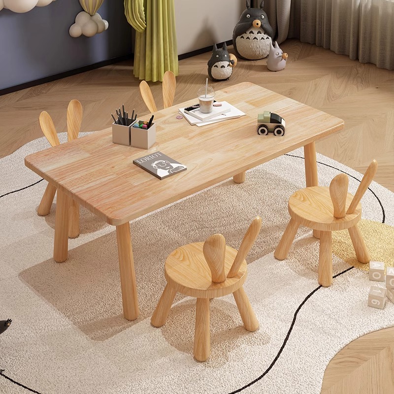 全实木儿童学习桌ins家用宝宝游戏桌幼儿园玩具桌子橡木小方桌椅