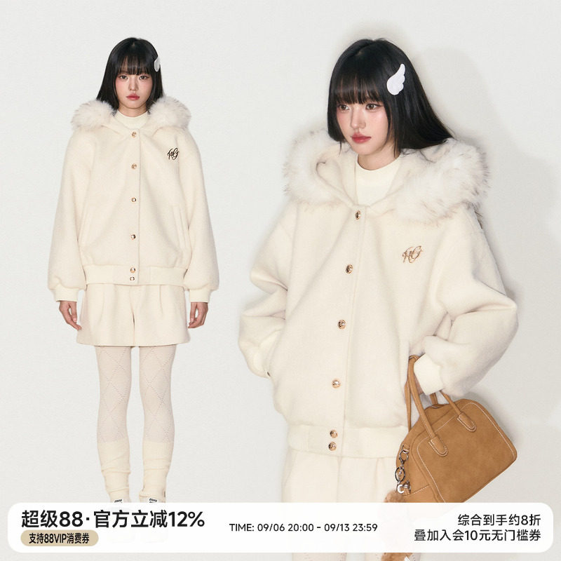 毛呢连帽毛领宽松休闲外套