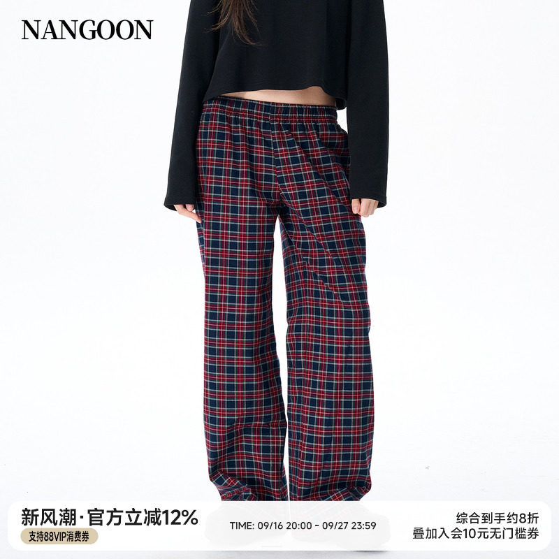 美式磨毛格子裤阔腿裤休闲裤