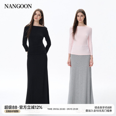一字领长袖上衣高腰直筒半裙套装