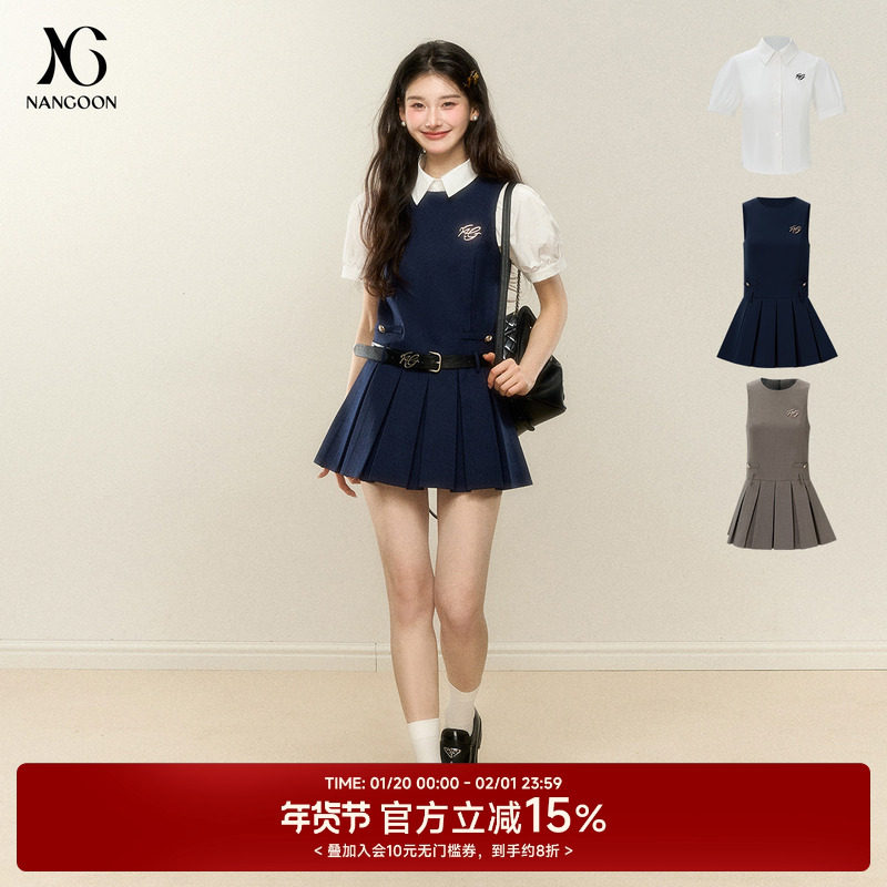 NANGOON 原创设计感百搭白色收腰衬衫短袖上衣无袖百褶连衣裙套装,女装/女士精品,时尚套装,淘宝优惠券,粉丝福利购,淘宝优惠卷