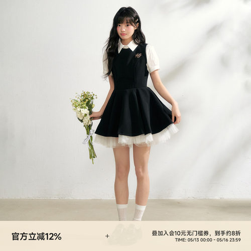 无袖撞色赫本公主风连衣裙女