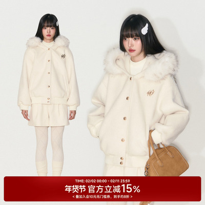 毛呢连帽毛领宽松休闲外套