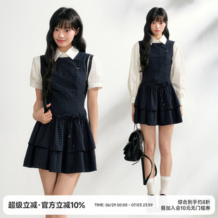 NANGOON 无袖金属吊坠格纹叠层装饰收腰连衣裙衬衫套装春季新款女