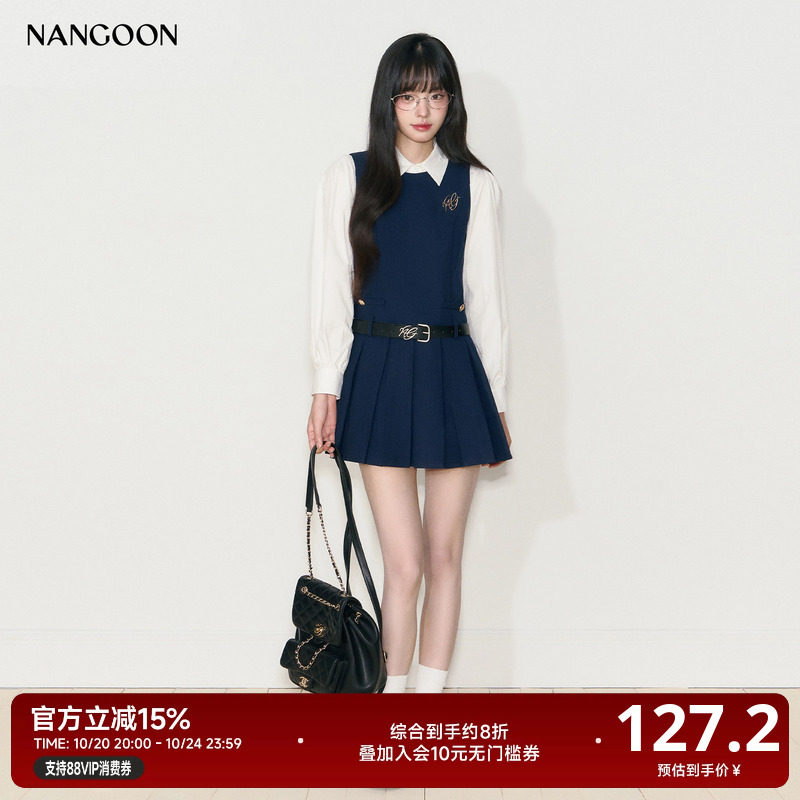NANGOON 长袖衬衫上衣无袖百褶连衣裙套装气质学院风裙子百搭上衣